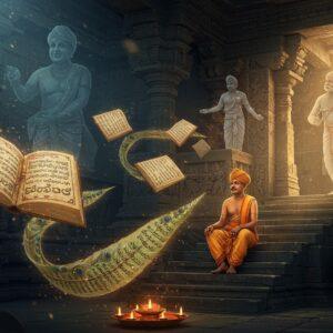 A majestic scene depicting an ancient Karnataka scholar seated on ornate carved stone steps of a Hoysala-style temple, wearing traditional panche (dhoti) and angavastra in rich gold and saffron. He's illuminated by warm golden light streaming through temple pillars, while ethereal, translucent figures of historical Kannada poets Pampa, Ranna, and Ponna hover in the background like spiritual apparitions. The scholar is surrounded by floating, glowing manuscripts with intricate Kannada calligraphy patterns transforming into peacocks and lotus motifs. Ancient palm leaves with Kannada scripts gracefully swirl around him, creating a dynamic spiral pattern. The scene includes subtle references to Kannada literature - a floating Gandaberunda (two-headed mythological bird) symbol, and delicate stone carvings showing scenes from Kavirajamarga. The atmosphere combines surreal elements with traditional Pattachitra art style, featuring deep peacock blues, rich maroons, and glowing gold accents. Mandala patterns emerge from the manuscripts, creating a bridge between ancient and modern aesthetics. The lighting is ethereal with soft blue undertones meeting warm golden highlights, creating a mystical atmosphere. Hyperdetailed, cinematic composition, digital art with photorealistic textures.