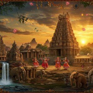 A majestic panoramic scene of ancient Hampi at sunset, with the iconic Virupaksha temple's ornate gopuram rising against a dramatic sky filled with warm golden and deep orange hues. In the foreground, intricately carved stone elephants and mythical yalis blend with floating Hoysala-style architectural motifs. The scene transitions through different historical periods - showing Badami's red sandstone caves, Belur's detailed temple sculptures, and Mysore Palace's golden domes, all connected by flowing patterns inspired by Madhubani art. Traditional Yakshagana performers in elaborate costumes dance ethereally across the middle ground. Crystal-clear waterfalls representing Jog Falls cascade down one side, transforming into flowing silk patterns, symbolizing Karnataka's textile heritage. The lighting is mystical with soft glowing orbs and streaming rays highlighting key architectural elements. The color palette features deep blues, rich golds, earthy reds, and royal purples. Sacred tulsi plants and sandalwood trees frame the borders with intricate mandala patterns. A surreal quality pervades the scene with floating lotus flowers and peacock feathers adding movement and grace.