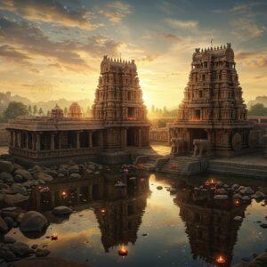 A magnificent aerial view of Hampi's Virupaksha Temple complex during golden hour, with intricate stone carved pillars and towering gopurams featuring detailed Dravidian architecture in the foreground. The temple's reflection shimmers in the Tungabhadra river, with scattered ancient ruins and boulder-strewn landscape surrounding it. Traditional Hoysala-style sculptures depicting scenes from Hindu epics adorn the temple walls in incredible detail. In the background, a massive stone chariot from Vitthala Temple stands majestically, with rays of sunlight filtering through its wheels. The scene is enhanced with floating lotus petals, glowing diyas, and ethereal mist, creating a mystical atmosphere. The color palette includes deep gold, rustic orange, earthy browns, and cool blue shadows. The art style combines hyperrealistic architectural details with ethereal lighting and dreamy elements, featuring both traditional Karnatakan architectural motifs and modern digital art techniques. Ornate mandalas and sacred geometric patterns float in the sky, casting golden reflections on the ancient stones.