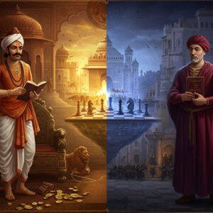A dramatic split composition showing two distinguished scholars in their respective settings - on the left, Kautilya in royal Indian courtyard wearing pristine white dhoti and angavastram, holding his treatise Arthashastra, surrounded by intricate Mauryan architecture, peacock throne, and ancient Indian symbols of power like the royal seal and golden coins. On the right, Machiavelli in Renaissance Italian setting wearing deep crimson robes, holding The Prince, amid Florentine architecture with Medici palace elements. A mystical golden thread connects both hemispheres. Between them floats an ethereal chess board with pieces morphing between Indian and European styles, symbolizing statecraft. The lighting is dramatic - warm amber glow on Kautilya's side and cool blue-tinted light on Machiavelli's. Ornate Madhubani-style patterns frame the entire scene. The art style combines hyperrealistic digital painting with traditional Indian artistic elements. Both scholars have contemplative, knowing expressions. Subtle imagery of lions, crowns, and military formations appear as transparent overlays in the background. The overall color palette features rich maroons, royal purples, burnished golds, and deep blues.