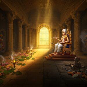 A majestic Indian courtroom scene in ancient Mauryan style architecture, featuring a regal Kautilya (Chanakya) in traditional white dhoti and angavastram with distinctive brahmin hair knot, seated on an elevated golden throne. He holds the Arthashastra manuscript in one hand and scales of justice in another. The background shows intricate Mauryan pillars with detailed lotus and peacock motifs in gold and deep burgundy. Two paths diverge from his throne - one illuminated with dharmic symbols (lotus flowers, sacred fire, and light) and another darker path with symbols of danda (ancient weapons, shackles, prison cells). Ethereal golden light streams through ornate windows, creating dramatic shadows. The scene incorporates Mauryan-era architectural elements with detailed stone carvings. The atmosphere combines both wisdom and authority, with subtle smoke from sacred fire adding mystical depth. Art style merges traditional Madhubani patterns in the borders with modern digital art techniques, using a color palette of deep royal blues, gold, saffron, and earth tones. The overall composition should be symmetrical and grandiose, emphasizing the gravity of justice and governance.