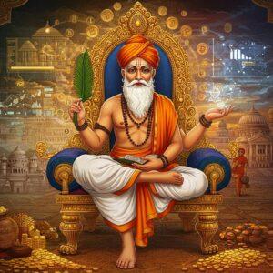 A majestic Indian sage, dressed in traditional white dhoti and angavastram, bearing striking resemblance to historical depictions of Kautilya, sits in padmasana on an ornate golden throne. He holds ancient palm leaf manuscripts in one hand and modern digital graphs floating as holograms in the other. The background features a grand Mauryan-era architectural facade merging seamlessly into a modern cityscape with skyscrapers. Intricate Madhubani-style patterns in gold and deep maroon frame the scene. Multiple layers of symbolic elements float ethereally: ancient coins, modern stock market symbols, treasury buildings, and trade routes depicted as glowing golden lines connecting various points on a stylized map. The lighting creates a dramatic contrast, with warm golden rays from the ancient side and cool blue technological glows from the modern side. The scene includes subtle motifs of prosperity like overflowing grain vessels, gold coins, and modern banking symbols, all rendered in a harmonious blend of traditional Pattachitra art style and contemporary digital art. The color palette focuses on royal blues, deep maroons, burnished golds, and earthy saffrons.