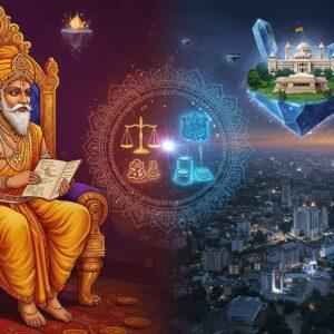 A majestic scene showing an ancient Indian sage Kautilya in traditional dhoti and angavastram, seated on an ornate golden throne, holding the Arthashastra manuscript. He's positioned on the left side of the frame, rendered in traditional Madhubani art style with intricate patterns. On the right, a modern Indian cityscape emerges with gleaming skyscrapers, digital displays, and modern infrastructure, rendered in contemporary digital art style. The transition between ancient and modern is seamlessly connected by flowing golden threads representing wisdom. In the center, a large, glowing mandala pattern contains symbols of governance: a royal seal, scales of justice, and coins. The color palette combines deep royal purples, rich golds, and modern electric blues. Floating crystal-like elements contain miniature scenes of modern parliament, technology hubs, and administrative buildings. The lighting creates a dramatic effect with warm golden rays from the ancient side meeting cool blue tech-inspired illumination from the modern side. Small ethereal sparkles and sacred geometry patterns fill the negative space. The style merges traditional Indian art with modern digital art, creating a surreal and visually striking composition.