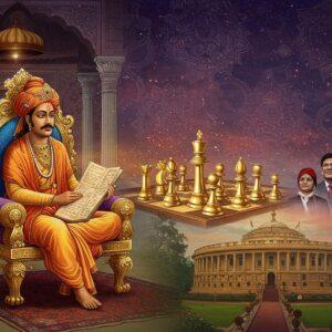 A regal Indian scholar in traditional royal advisor attire seated on an ornate golden throne, depicting Kautilya with distinctive Brahmin hairstyle and sacred thread, holding ancient palm leaf manuscripts. Behind him, a spectacular marble-pillared courtyard transitions seamlessly into a modern parliament building through intricate Madhubani-style patterns. The scene splits vertically - the left side shows ancient Indian courtroom with ministers in traditional clothing, while the right shows modern politicians in suits. A giant golden chess board floats in the space between, with pieces morphing from ancient Indian designs to modern political symbols. Ethereal golden light illuminates the scene, with delicate mandalas floating in the background. The color palette features deep royal purples, burnished golds, and rich teals. Sacred threads and ancient symbols morph into modern diplomatic insignias through flowing patterns. Photorealistic style with subtle Indian miniature painting influences, enhanced by soft volumetric lighting and atmospheric depth. The scene captures the seamless flow of ancient wisdom into modern governance.