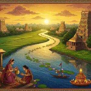 A majestic aerial view of the winding Kaveri River flowing through lush green landscapes, rendered in rich traditional Indian art style with modern digital polish. The river, painted in deep sapphire blue with golden ripples, meanders through emerald paddy fields and coconut groves. Ancient temples with intricate Dravidian architecture rise along the riverbanks, their golden spires catching sunlight. In the foreground, two Indian women in traditional Tamil Nadu sarees (one in peacock blue, one in deep maroon) perform a water offering ceremony with brass vessels. Surrounding the scene are detailed Madhubani-style borders featuring traditional motifs of fish, lotus flowers, and water birds in flight. The sky features a warm sunset gradient from saffron to deep purple, with stylized clouds inspired by Pattachitra art. Sacred elements like floating diyas and flower petals dot the river's surface, creating points of glowing light. The overall composition combines photorealistic water effects with ornate traditional patterns, creating a harmonious blend of ancient and modern aesthetics. The lighting should be soft and ethereal, with golden hour warmth illuminating the entire scene.