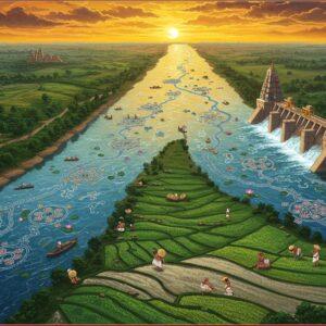 A magnificent aerial view of the sacred Kaveri River flowing through lush South Indian landscape, rendered in rich Madhubani-inspired patterns. The river, depicted in shimmering deep blues and turquoise, branches into intricate tributaries like Kabini, Bhavani, and Amravati, each stream decorated with traditional kolam patterns. The scene features grand dams including Mettur and Krishna Raja Sagara, portrayed as modern architectural marvels with traditional Indian temple-like elements. In the foreground, a group of farmers in traditional South Indian attire tend to emerald-green paddy fields. The sky shows a dramatic sunset in saffron and gold, with stylized clouds resembling ancient temple motifs. Sacred lotus flowers float on the water surface, emitting a subtle golden glow. The entire composition is framed by ornate mandala patterns in deep maroon and gold. The art style combines photorealistic water textures with decorative Indian art elements, creating a harmonious blend of modern and traditional aesthetics. The scene is enhanced with soft, ethereal lighting that highlights the river's sacred nature.