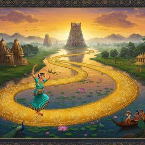 A majestic aerial view of the sacred Kaveri River flowing through lush green landscapes, rendered in intricate Madhubani-inspired art style with modern digital aesthetics. The river appears as a serpentine golden thread, adorned with traditional Tamil kolam patterns along its banks. In the foreground, a graceful Indian classical dancer in a turquoise Bharatanatyam costume performs the river's dance, her movements creating ripples of glowing energy. The scene features ancient temple spires emerging from morning mist, their reflections shimmering in the water. Floating lotus flowers in deep pink and white dot the river's surface, while peacocks with ornate feathers perch on the banks. The sky shows a gradient from dawn orange to deep indigo, with stylized clouds inspired by Pattachitra art. Small boats with farmers and fishermen, detailed in traditional Indian art style, dot the riverscape. The overall composition has a dreamy, ethereal quality with soft golden light filtering through, creating a mystical atmosphere. Intricate mandala patterns in gold and royal blue frame the corners of the scene, incorporating symbols of water, fertility, and prosperity.