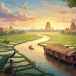 A majestic aerial view of the Kaveri River winding through lush South Indian landscapes, rendered in vibrant Pattachitra-inspired style. The river glows with ethereal golden light, meandering through emerald green rice terraces and coconut groves. In the foreground, a detailed traditional wooden Kerala houseboat adorned with intricate Madhubani-style patterns floats gracefully. The scene includes iconic South Indian landmarks - the Meenakshi Temple's golden gopuram rising in the distance, Mysore Palace's domes gleaming in sunset light, and the ancient shore temples of Mahabalipuram emerging from misty shores. The sky features soft pastel clouds in peacock blue and coral pink, with delicate mandala patterns subtly woven into them. Traditional kolam patterns in glowing white dots float across the scene like constellations. A family of peacocks with intricately detailed feathers in jewel tones perches near ancient banyan trees. The lighting is warm and golden, creating a dreamy, surreal atmosphere while maintaining photographic detail. The overall composition flows like silk, with modern digital refinement enhancing the traditional art elements.