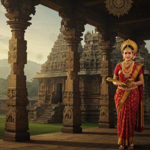 A majestic scene depicting the historic Rameshwara Temple at Keladi rendered in intricate Madhubani-inspired art style, showcasing detailed stone carvings and traditional Dravidian architecture. The temple is surrounded by lush green landscapes of the Western Ghats with mist-covered hills in the background. In the foreground, a regal figure of Queen Chennamma of Keladi stands in elaborate royal attire with gold jewelry and a silk saree, holding ancient palm leaf manuscripts. The scene is illuminated by warm golden light filtering through temple pillars, creating dramatic shadows. Decorative elements include traditional Kannada architectural motifs, carved elephants, and intricate geometric patterns. The color palette features deep maroons, forest greens, and rich golds characteristic of the Keladi period. Floating translucent mandalas and subtle sacred geometry patterns add a mystical atmosphere. The scene is rendered in a combination of hyperrealistic digital art with traditional Indian art elements, emphasizing both historical accuracy and modern aesthetic appeal.