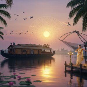 A serene twilight scene of Kerala backwaters with a traditional wooden houseboat adorned with intricate Madhubani-style patterns in gold and peacock blue, gliding through mirror-like waters. In the foreground, two women in cream and gold Kerala sarees perform a graceful Thiruvathirakali dance on a small dock decorated with brass oil lamps. Towering coconut palms frame the scene, their fronds creating delicate shadows on the water. The sky features a ethereal gradient of soft pink and purple hues, with a large mandala-inspired sun setting in golden splendor. Water lilies and lotus flowers in pastel pink float on the water surface, emanating a subtle spiritual glow. Chinese fishing nets silhouetted against the sky add depth, while local birds like kingfishers and herons perch naturally. The scene is illuminated by warm, golden light reflecting off the water, creating a dreamlike atmosphere. Style combines hyperrealistic digital art with traditional Kerala mural art elements, emphasizing rich textures and intricate details in a modern aesthetic.