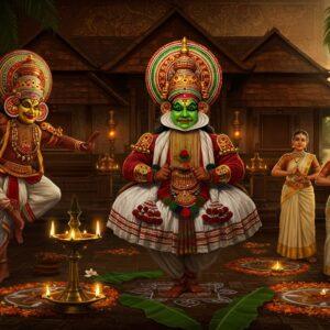 A mesmerizing scene depicting a grand Kerala cultural tableau, centered on a majestic Kathakali performer in vibrant green facial makeup, elaborate golden crown, and detailed red-gold costume, performing against a backdrop of traditional Kerala architecture with sloped terracotta-tiled roofs. To the left, a dynamic Theyyam performer in a towering red-and-gold headdress and intricate body paint leaps mid-dance. To the right, two Mohiniyattam dancers in elegant off-white and gold Kerala sarees perform with graceful hand gestures. The foreground features traditional brass oil lamps (nilavilakku), banana leaves, and intricate kolam patterns made with flowers. The scene is illuminated by warm, golden light filtering through coconut palms, creating dramatic shadows. Traditional Kerala mural art motifs in deep reds, greens, and golds adorn the temple walls in the background. A serene backwater landscape with houseboats decorated with marigold garlands is visible in the distance. The entire composition follows a digital-modern interpretation of traditional Pattachitra style, with rich, jewel-toned colors and intricate details, maintaining cultural accuracy while appearing contemporary and sophisticated.