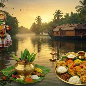 A serene Kerala backwater scene at golden hour with a traditional wooden houseboat adorned with Madhubani-style patterns, floating on mirror-like waters. In the foreground, an intricate brass uruli filled with Ayurvedic herbs and flowers (neem leaves, turmeric roots, holy basil) surrounded by banana leaves. A traditional Kerala sadya feast is artistically arranged on the right, featuring colorful curries in brass vessels on a fresh banana leaf. On the left, a Kathakali dancer in vibrant green-gold makeup and elaborate costume performs gracefully. The background showcases coconut palms and a Kerala-style temple architecture with intricate wooden carvings. Floating oil lamps and marigold garlands add warm golden highlights. The scene is illuminated by soft, ethereal lighting with hints of mist over the water. Art style merges photorealistic details with magical surrealism, incorporating gold-leaf accents and traditional Kerala mural art patterns. The color palette focuses on deep greens, rich golds, warm earth tones, and peaceful water blues, creating a harmonious blend of culture, spirituality, and tradition.