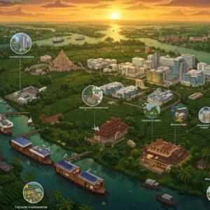 A panoramic aerial view of Kerala's lush landscape at sunset, showing a harmonious blend of traditional and modern elements. In the foreground, a beautiful backwater scene with modern houseboats featuring solar panels, surrounded by swaying coconut palms. The middle ground showcases terraced tea plantations merging into a high-tech IT park with glass buildings reflecting golden sunlight. The background features active fishing harbors with modern fishing vessels alongside traditional fishing boats. Small details include women in traditional Kerala sarees working on laptops under a coconut tree, medical tourism facilities, and spice trading ports with cargo ships. The scene is rendered in rich, deep colors of emerald green, ocean blue, and sunset gold, with intricate Malayali architectural patterns subtly woven into the landscape. The art style combines traditional Kerala mural art patterns with modern digital aesthetics, creating a surreal yet realistic visualization. Soft glowing lights emanate from the buildings and water bodies, creating a ethereal atmosphere. The composition includes small vignettes of Kerala's digital literacy initiatives, sustainable tourism projects, and agricultural innovations, all seamlessly integrated into the landscape.
