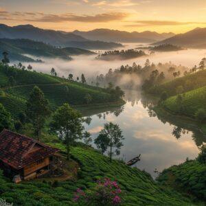 A breathtaking aerial view of mist-covered Western Ghats with emerald tea plantations cascading down rolling hills, shot during golden hour sunrise. In the foreground, a traditional Kerala-style wooden cottage with sloping terracotta-tiled roof nestled among tall silver oak trees. The scene features a serene lake reflecting cotton-candy clouds, surrounded by cardamom and coffee plantations. Wild elephants grazing peacefully in the distance near dense forest edges. Delicate purple Neelakurinji flowers carpet portions of the hillside, while wisps of morning fog curl around mountain peaks. A wooden pier extends into the lake, with a small wooden boat tied to it. The color palette emphasizes deep greens, misty blues, and warm golden sunlight filtering through clouds. Madhubani-style intricate patterns form subtle border elements, featuring traditional Kerala motifs. The composition shows depth through layers of mountains fading into the distance, with photorealistic details in the foreground transitioning to a more painterly style in the background. The lighting is ethereal and dreamy, with god rays piercing through morning mist.
