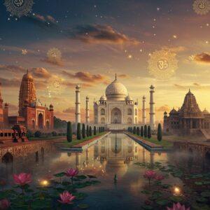 A grand panoramic view of iconic Indian monuments seamlessly blending together in a surreal landscape, featuring the majestic Taj Mahal in pristine white marble at the center, its reflection shimming in a mystical pool. To its left, the intricate red sandstone architecture of Qutub Minar rises, adorned with detailed Madhubani-style patterns. To the right, the sun-kissed golden temples of Khajuraho with their ornate sculptures emerge from morning mist. The foreground showcases ancient Ajanta caves with detailed Buddhist paintings flowing like a river. The scene is unified by floating mandala patterns in rich gold and peacock blue, creating ethereal connections between monuments. Soft, glowing orbs of light in saffron and pearl white illuminate the structures. The sky features a gradient from deep indigo to soft rose gold, with stylized clouds inspired by Pattachitra art. Ancient Sanskrit symbols and traditional motifs float delicately in the air, while lotus flowers in various stages of bloom frame the composition. The lighting is dramatic yet mystical, with golden hour warmth emphasizing the architectural details. Hyper-detailed, cinematic composition, 8k resolution, architectural precision with magical realism.