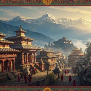 A panoramic view of ancient Himachali cityscape nestled in misty Himalayan peaks, with snow-capped mountains in deep blues and purples. In the foreground, ornate traditional wooden temples with carved pillars and pagoda-style roofs in rich maroon and gold details, inspired by Hadimba Temple architecture. Medieval stone fortresses perched on distant cliffs, reminiscent of Kangra Fort. The scene features traditional Himachali people in colorful Kullu shawls and traditional attire walking through narrow cobblestone streets. Intricate Madhubani-style border patterns frame the scene, incorporating local Pahadi motifs and Buddhist symbols. Golden rays of sunrise pierce through morning mist, creating a mystical atmosphere. Prayer flags flutter in the wind, while ancient prayer wheels and Buddhist stupas dot the landscape. The art style merges photorealistic architectural details with ethereal, dreamlike lighting, employing a color palette of deep mountain blues, earthy browns, ceremonial reds, and golden highlights. Perspective should be slightly elevated to showcase the grandeur of the mountain landscape and architectural marvels.
