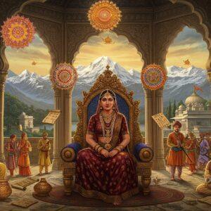 A majestic scene depicting an ancient Kashmiri royal court set within an ornate palace with snow-capped Himalayan peaks visible through grand archways. The central figure is Queen Didda, portrayed as a strong Indian woman in rich Kashmiri royal attire (deep burgundy and gold), seated on an intricately carved throne with lotus motifs. She's wearing traditional Kashmiri jewelry including the dejharoo (head ornament). Around her, detailed Madhubani-style illustrations show key scenes from Rajatarangini - warriors in battle, temple construction, and court proceedings. The composition includes floating mandalas with detailed Kashmir-specific motifs like chinar leaves and saffron flowers. The lighting is dramatic with golden rays filtering through the archways, creating an ethereal atmosphere. The scene combines architectural elements of ancient Kashmir like the sun temple at Martand, with spiritual symbols. The color palette features rich Kashmir-inspired colors - saffron yellow, deep blues of Dal Lake, and the burgundy of traditional Kashmiri textiles. The art style merges traditional Kashmiri miniature painting techniques with modern digital art aesthetics, creating a cinematic and mystical atmosphere. Include subtle details like floating scrolls, ancient manuscripts, and court scholars in traditional attire.