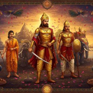 A majestic scene depicting multiple iconic figures from the Magadha Empire arranged in a stylized mandala composition. In the center, Emperor Bimbisara stands regally in golden armor and royal attire, holding a sword. To his right, Emperor Ajatashatru in battle gear mounted on an elephant. To the left, Emperor Ashoka in his post-war spiritual avatar wearing simple white robes near the sacred Bodhi tree. The background features the ancient city of Pataliputra with intricate architecture, stupas, and flowing Ganges river. The scene is illuminated by a warm, ethereal light with floating lotus petals. The art style combines traditional Madhubani patterns in the borders with modern digital painting techniques. Rich colors of deep burgundy, royal blue, and burnished gold dominate. Spiritual symbols like the Dharma Chakra and Buddhist stupas are integrated into the decorative elements. The overall composition has a surreal, dreamlike quality with swirling energy patterns connecting all figures, symbolizing their historical interconnectedness. Photorealistic details in the faces and clothing textures, with an ornate golden frame featuring Mauryan pillars and peacock motifs.