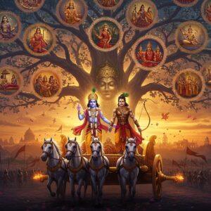 A grand, cinematic composition showing the iconic Kurukshetra battlefield at dusk, where Krishna and Arjuna stand in the foreground on a golden chariot drawn by four white horses. Krishna, with deep blue skin wearing a golden dhoti and peacock feather crown, gestures wisdom while Arjuna, in royal warrior attire with intricate armor, holds his Gandiva bow. Behind them, a massive ethereal tree spreads across the sky, with each branch containing medallion-like vignettes showing other key characters: Bhishma on his bed of arrows, Draupadi with her five husbands, Karna removing his divine armor, and Abhimanyu in the chakravyuha. The scene is illuminated by supernatural golden light with swirling cosmic energy patterns inspired by Madhubani art. Floating lotus petals and spiritual symbols create a mystical atmosphere. The color palette includes deep royal blues, burnished golds, rich crimsons, and ethereal purples. The art style combines hyperrealistic character rendering with traditional Indian artistic elements, creating a modern yet culturally authentic look. Intricate mandala patterns frame the entire composition, with subtle divine weapons and celestial symbols woven throughout.