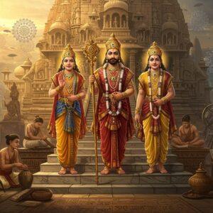 A majestic scene depicting three regal Indian kings from the Varman Dynasty standing on ornate marble steps of a grand palace, wearing elaborate gold-detailed royal attire and jeweled crowns. The central figure holds a golden scepter with intricate Madhubani-style patterns. Behind them, a massive stone temple rises with detailed architectural elements characteristic of the Varman period, featuring carved elephants and divine figures. The foreground showcases artisans crafting bronze sculptures and astronomers with ancient instruments. The scene is illuminated by warm, golden light streaming through ornate archways. Floating mandalas and ethereal lotus patterns frame the composition. The color palette includes deep royal blues, rich maroons, and burnished gold. The art style combines traditional Pattachitra's intricate detailing with modern digital rendering techniques. Sacred threads and royal insignias adorn the rulers. Ancient Sanskrit manuscripts and copper plate inscriptions are visible in the lower corners. The atmosphere conveys power, scholarship, and spiritual authority through a dreamy, mystical lens.