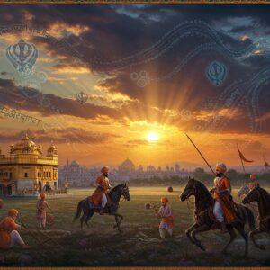 A dynamic battle scene showcasing Sikh warriors in traditional 18th-century attire, riding majestic horses against a dramatic sunset backdrop of Punjab's plains. The warriors wear distinctive turbans, flowing cholas, and carry traditional weapons like chakrams and kirpans. The foreground features the Golden Temple in its early architectural form, emanating a divine golden glow. The scene includes intricate Gurmukhi patterns floating ethereally in the air, merging with swirling clouds. The color palette combines deep blues, rich golds, and warm oranges. The composition shows multiple layers of history - farmers tilling fields, warriors in battle, and saints in meditation, all connected by flowing, ornate Madhubani-style patterns. The lighting is dramatic with rays of sun breaking through clouds, creating a cinematic atmosphere. The art style combines hyperrealistic details with traditional Indian miniature painting techniques, featuring detailed borders with Phad-style storytelling elements. The scene includes subtle symbols of the Khalsa, mystical elements, and architectural details from various Gurudwaras, all rendered in a modern, digital art style with atmospheric depth and dramatic lighting.