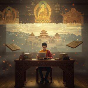 A serene Buddhist monastery library set in a misty Himalayan backdrop, illuminated by golden evening light. A young Indian scholar in modern clothing sits at an intricately carved wooden desk, surrounded by ancient palm leaf manuscripts, digital tablets, and traditional Buddhist texts. Floating above are ethereal, translucent visualizations of key Buddhist historical moments - the Buddha under the Bodhi tree, the first sermon at Sarnath, and the great monasteries of Nalanda. Sacred Buddhist symbols like the Dharma wheel, lotus flowers, and the endless knot are rendered in glowing, ethereal light, creating a bridge between past and present. The scene features a color palette of deep burgundy, rich gold, and peaceful sage green. Traditional Thangka painting style elements blend seamlessly with modern digital art techniques. Particle effects and light rays create a mystical atmosphere, while detailed architectural elements of the monastery showcase intricate Tibetan and Indian Buddhist patterns. The overall composition suggests a harmonious fusion of ancient wisdom and contemporary scholarship, with multiple layers of depth and symbolism.