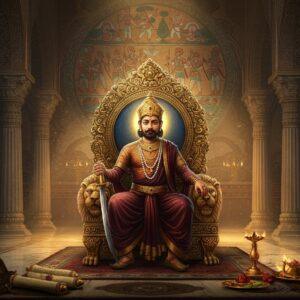 A majestic scene depicting King Agnimitra in a richly detailed, royal Mauryan-era throne room, wearing an ornate golden crown and sophisticated royal attire in deep maroon and gold. He sits confidently on an intricately carved lion throne, holding a gleaming sword in his right hand and royal scepter in his left. The throne room features tall pillars with Mauryan architecture, adorned with detailed peacock motifs and lotus patterns. Behind him, a large medallion shows scenes from the Vidarbha conquest in Madhubani art style. The lighting is dramatic with warm golden rays streaming through ornate windows, illuminating the king's noble features and the polished marble floor. Royal guards in traditional Mauryan armor stand at attention, their spears gleaming. In the foreground, diplomatic scrolls, a royal seal, and offerings symbolize his administrative prowess. The scene combines hyperrealistic details with traditional Indian art elements, creating a surreal, ethereal atmosphere with subtle glowing mandalas in the background. The color palette focuses on royal colors - deep maroons, rich golds, peacock blues, and ivory whites.