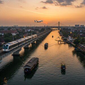 A stunning aerial view of Kochi at dusk, featuring the iconic Kochi Metro train gliding across an illuminated bridge, its sleek silver and blue design reflecting the golden sunset. Below, traditional wooden houseboats with thatched roofs navigate through backwaters, creating gentle ripples. In the background, a modern aircraft descends toward Cochin International Airport, leaving a trail in the orange-pink sky. The scene includes the historic Chinese fishing nets silhouetted against the waterfront, with auto-rickshaws and buses adding vibrant pops of yellow and red along the palm-lined streets. The composition merges traditional Keralan architecture with modern infrastructure, rendered in a style blending digital art with Madhubani patterns in the sky and water. The lighting creates a warm, golden glow across the cityscape, with subtle touches of teal and deep blue in the water. Small details include traditional Malayalam-style architectural elements, coconut trees, and modern skyscrapers in the distance, all unified by intricate mandala-like patterns in the clouds.