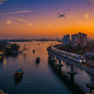 A stunning aerial view of Kochi's modern cityscape at dusk, featuring the sleek, illuminated Kochi Metro train gliding over an elevated track against a gradient sky of deep orange and purple. In the foreground, traditional wooden boats adorned with golden Kerala-style patterns navigate through backwaters, creating gentle ripples. The iconic Chinese fishing nets silhouetted against the setting sun, with modern aircraft soaring overhead leaving golden trails. The scene is framed by lush coconut palms and modern high-rise buildings with glowing windows. Traditional Madhubani-style border patterns in gold and peacock blue frame the composition. The lighting creates a magical atmosphere with the metro's reflection shimming in the water below, while small glowing mandalas float in the sky like stars. Art style should blend photorealistic architecture with ethereal Indian artistic elements, maintaining rich colors like deep blue, gold, and warm orange. The scene should have a cinematic depth of field with tilt-shift effect to emphasize the transportation elements.