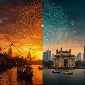 A stunning split-screen panoramic view of Kochi and Mumbai divided by an ornate golden mandala pattern. On the Kochi side, Chinese fishing nets silhouetted against a dramatic sunset over backwaters, with traditional Kerala-style houses and modern high-rises in perfect harmony, houseboats adorned with palm leaves gliding by, and coconut trees swaying. The Mumbai side shows the iconic Gateway of India, modern skyscrapers, and bustling city life with yellow taxis. The scene transitions through other cities - Bangalore's tech parks with garden city elements, Delhi's historic architecture blending with metro rails. All cities connected by flowing, intricate Madhubani-style patterns in deep peacock blue and gold. The sky features a gradient from warm sunset oranges to cool urban blues. Traditional kolam patterns float ethereally between the cityscapes. The scene is rendered in a hyper-realistic digital art style with magical realism elements, soft glowing lights illuminating key landmarks, and subtle sacred geometry patterns connecting all elements. Rich, deep colors dominate - maroon, saffron, turquoise - with modern metallic accents.