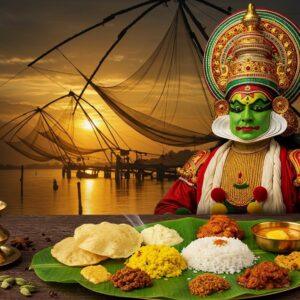 A majestic Kathakali performer in elaborate green facial makeup, gold crown, and traditional red and green costume performs against the backdrop of ancient Chinese fishing nets silhouetted during a golden sunset in Kochi harbor. The performer's expressions are dramatically captured mid-performance, with intricate eye movements and mudras. In the foreground, a traditional brass banana leaf is laden with Kerala sadhya dishes - golden yellow parippu curry, red fish curry, white rice, and colorful pickles. Ethereal steam rises from the food, forming mystical patterns that blend into swirling designs reminiscent of ancient Malayalam scripts and Kerala mural art. The scene is framed by spice garlands of cardamom, cinnamon, and pepper, paying homage to Kochi's spice trade heritage. The lighting is magical, with warm golden rays filtering through the fishing nets, creating a ethereal glow around the performer. Art style combines hyperrealistic details with mystical Indian traditional art elements, deep jewel tones of emerald, ruby, and gold dominate the color palette. Soft focus on the edges creates a dreamlike quality while maintaining sharp detail in the central elements.