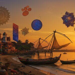 A stunning panoramic view of Fort Kochi at golden sunset, featuring the iconic Chinese fishing nets silhouetted against a warm orange-gold sky with purple undertones. In the foreground, detailed Madhubani-style patterns merge with contemporary elements showing traditional Kerala fishing boats adorned with intricate designs. The scene includes the pristine Kochi beach with white sand meeting turquoise waters. On the left, a detailed representation of Mattancherry Palace with its traditional Kerala architecture, decorated with intricate gold patterns and mandala motifs. Contemporary art installations from the Kochi-Muziris Biennale float ethereally in the air, creating a surreal atmosphere with glowing orbs and geometric shapes in peacock blue and deep maroon. The composition is framed by swaying coconut palms and traditional spice market elements. The lighting creates a magical glow, with soft beams highlighting the fishing nets and art installations. The entire scene is rendered in a fusion of traditional Indian art techniques and modern digital aesthetics, with rich textures and a dreamy, ethereal quality that captures both the historical essence and contemporary artistic spirit of Kochi.