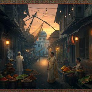 A vibrant street scene in Fort Kochi at golden hour, showing a narrow, atmospheric lane with traditional Kerala architecture featuring weathered wooden balconies and red-tiled roofs. In the foreground, Chinese fishing nets silhouetted against a warm orange-pink sky, casting intricate shadow patterns. Local life unfolds with spice merchants displaying colorful heaps of cardamom, cinnamon, and pepper in antique brass vessels. An elderly Muslim shopkeeper in a white kurta arranges fresh catch from the Arabian Sea while a Kerala woman in cream and gold kasavu saree shops for spices. Jewish synagogue's blue and white facade visible in the background, with intricate Madhubani-style patterns decorating the scene borders. The scene is illuminated by warm lantern light and strings of Edison bulbs crossing overhead. Rich details include steam rising from chai being poured, aromatic banana leaf meals being served, and Dutch-Portuguese colonial architectural elements. Art style combines hyperrealistic digital photography with traditional Kerala mural art elements, featuring deep indigos, burnt oranges, and gold accents. Ethereal lighting creates a mystical, inviting atmosphere.