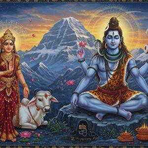 A majestic scene depicting Lord Shiva in deep meditation atop Mount Kailash, rendered in a fusion of traditional Pattachitra and modern digital art style. Shiva appears serene with ash-covered skin, third eye, crescent moon on his head, and matted locks flowing with the Ganga. Around him, celestial rings of blue and gold energy swirl. On one side, Parvati appears as a divine princess in a rich maroon and gold silk saree, performing tapasya amidst floating lotus flowers. The background shows the snow-capped Himalayas at sunrise with mystical golden light. Intricate Madhubani-style patterns frame the scene, featuring peacocks, divine weapons, and spiritual symbols. Nandi appears partially in shadow, keeping watch. The color palette combines deep royal blues, pristine whites, burnished golds, and touches of saffron. Small glowing particles of divine energy float throughout the scene. The lighting is ethereal with god rays breaking through clouds, creating a dreamlike atmosphere while maintaining sharp details in the main figures.