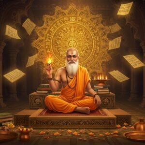 A dignified Indian sage with sharp features wearing saffron dhoti and angavastram, seated in padmasana on an intricately carved stone platform, surrounded by ancient palm leaf manuscripts and copper plates. He holds a ceremonial flame in his right hand symbolizing the defense of Vedic rituals. Behind him, a massive golden mandala radiates with Vedic symbols and Sanskrit-inspired patterns. The background features a stylized Mīmāṃsā school architecture with ornate pillars and arches in deep maroon and peacock blue. Floating ethereal visualizations show philosophical debates through subtle golden light forms. The scene is illuminated by warm directional lighting, creating dramatic shadows. The art style merges traditional Pattachitra patterns with modern digital precision, featuring rich colors and intricate details. Multiple translucent layers of philosophical texts float in the air, rendered in a glowing golden hue. The overall composition suggests deep wisdom, scholarly authority, and spiritual power.