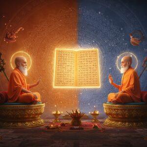 An ethereal scene depicting two distinguished Indian sages in traditional attire sitting face-to-face on ornate golden pedestals, symbolizing Kumārila Bhaṭṭa and Prabhākara. Between them floats a luminous Vedic manuscript with intricate Sanskrit writings emitting golden light. The background features a large, detailed mandala in Madhubani style with two distinct halves - one side in warm sunset colors (saffron, deep red) representing Kumārila's philosophy, the other in cool morning colors (deep blues, silver) representing Prabhākara's views. Sacred fire altars with rising smoke appear on either side. Floating symbolic elements include dharma wheels, sacrificial implements, and vedic symbols rendered in glowing gold. The scene is framed by stylized lotus patterns and peacock motifs in traditional Pattachitra style. The lighting is mystical with soft halos around both sages, while subtle rays of light connect their gesturing hands to the floating manuscript. Photorealistic digital art style with surreal elements, emphasis on rich textures and atmospheric lighting. 8k resolution, cinematic composition.