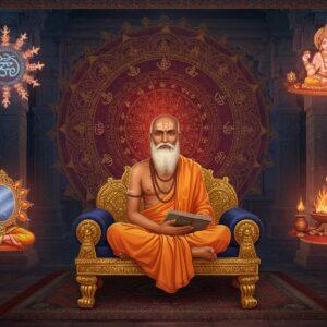 A dignified Indian sage with traditional sacred thread, wearing saffron dhoti and angavastram, seated in padmasana on an ornate golden throne. He has a serene expression, tilak on forehead, and holds ancient palm leaf manuscripts. Behind him, a massive metaphysical mandala in deep maroon and gold featuring intricate Vedic symbols and Sanskrit geometric patterns. The mandala radiates divine light in concentric circles. To his sides, ethereal visualizations of philosophical concepts - one side shows a glowing mirror reflecting multiple realities representing epistemology, other side shows floating yajna fire with vedic rituals. The scene is set in a timeless temple courtyard with ornate pillars. Soft morning light filters through, creating atmospheric god rays. The art style combines traditional Madhubani patterns in the borders with modern digital painting techniques. Rich jewel tones of deep blue, burgundy and gold dominate, with hints of saffron. The overall mood is scholarly, mystical and profound, with subtle touches of glowing light and floating spiritual symbols.