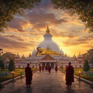 A serene panoramic view of Kushinagar at sunset, featuring the majestic Mahaparinirvana Temple with its distinctive white dome and golden spire in the center. The temple is surrounded by blooming lotus gardens and reflecting pools. A large, peaceful golden Buddha statue in reclining position, meticulously detailed with traditional iconography, visible through the temple's entrance. The sky features ethereal clouds in shades of saffron and deep purple, with soft rays of light breaking through. In the foreground, Buddhist monks in deep maroon robes walking mindfully on stone pathways lined with butter lamps and prayer flags. Ancient Bodhi trees with golden leaves frame the scene, their branches adorned with prayer bells. The atmosphere is enhanced by gentle swirls of incense smoke creating mystical patterns in the air. The artistic style combines photorealistic architecture with surreal lighting and traditional Buddhist artistic elements, creating a dreamlike quality. The color palette focuses on rich golds, deep maroons, pristine whites, and emerald greens. The scene should have a sense of timeless sanctity and peaceful energy.