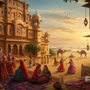 A panoramic view of ancient Kutch, featuring a majestic Rajput palace with intricate Gujarati architecture in warm sandstone, adorned with delicate jharokhas and mirrors. In the foreground, local artisans work on vibrant Kutchi embroidery and bandhani textiles in rich colors of maroon, indigo, and saffron. Traditional women in elaborate ghaghra-cholis with silver jewelry perform the graceful Garba dance. The Rann of Kutch extends into the horizon, its white salt desert gleaming under a golden sunset, with camels adorned in colorful threadwork and mirrors crossing the landscape. The scene includes detailed elements of Kutchi heritage - wooden carved doors, pottery with Harappan-style motifs, and traditional mud-mirror work (lippan kaam) on house walls. Mythical creatures from Kutchi folklore are subtly woven into the architectural details. The art style combines Madhubani's intricate patterns with modern digital art techniques, featuring a rich color palette of earth tones, deep blues, and metallic gold accents. Ethereal lighting casts long shadows across the desert landscape, creating a mystical atmosphere. The composition should be expansive and cinematic, with light rays filtering through the palace architecture.