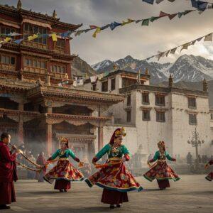 A majestic panoramic view of Leh Palace against snow-capped Himalayas, with a grand Ladakhi festival celebration in the foreground. Local dancers in traditional maroon and gold Goncha robes perform the spinning Cham dance, wearing ornate masks depicting Buddhist deities. Prayer flags in vibrant blues, whites, and reds flutter across the scene. The royal courtyard features intricate wooden architecture with dragon motifs and Buddhist symbols. Monks in deep crimson robes play traditional instruments - long horns (dungchen) and drums. The lighting captures the golden hour sun casting long shadows, illuminating the ancient white-washed palace walls. Traditional turquoise jewelry and pearl-studded perak headpieces glisten on female dancers. Burning incense creates mystical swirls in the clear mountain air. Art style combines hyperrealistic architectural details with ethereal lighting and Thangka painting influences. Rich colors of maroon, gold, turquoise, and white dominate the scene with photorealistic textures of silk, wool, and weathered stone.
