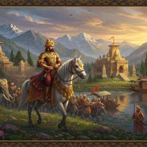 A majestic Indian warrior-king in ornate gold-detailed armor atop a white stallion, against the backdrop of snow-capped Himalayan peaks and ancient Kashmir's lotus-filled Dal Lake. He wears a distinctive crown featuring the sun symbol of Martand, with flowing royal robes in deep maroon and saffron. The scene captures him leading a grand army with elaborate war elephants and soldiers carrying distinctive Kashmiri banners. In the background, a magnificent stone temple complex of Martand Sun Temple gleams in golden sunset light. The landscape features traditional Kashmiri houseboats, blooming saffron fields, and ancient architecture. The art style combines Kashmiri miniature painting techniques with modern digital fantasy art, using rich colors like deep blues, royal purples, and burnished gold. Ethereal light streams through mountain gaps, creating a mystical atmosphere. The king's face shows strength and wisdom, with traditional Kashmiri features. Intricate Kashmiri patterns and motifs adorn the borders of the scene, with subtle mandala designs integrated into the composition.