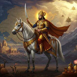 A majestic scene depicting Lalitaditya Muktapida, the powerful Kashmiri king, riding a magnificent white horse adorned with golden armor and royal emblems. He wears an intricately detailed royal armor with precious gemstones, a flowing saffron silk cape, and a golden crown with Hindu motifs. His hand holds his legendary sword pointing towards the sky. Behind him rises a stylized map of his vast empire stretching from Kashmir to Central Asia, rendered in deep blues and golds in Madhubani art style. The background features a blend of snow-capped Himalayan peaks and ancient temple architecture with intricate carvings. Floating mandala patterns in gold and peacock blue frame the composition. The lighting is dramatic with golden rays breaking through clouds, creating an ethereal atmosphere. In the foreground, subtle symbols of his victories - broken chains, lotus flowers, and ceremonial objects - are arranged in Pattachitra style. The overall color palette combines royal purples, deep maroons, and burnished gold, with modern digital rendering techniques creating a cinematic quality.