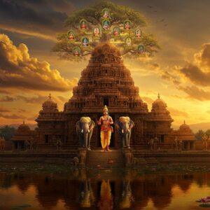 A majestic panoramic view of Gangaikonda Cholapuram temple at sunset, with its massive granite vimana towering against a dramatic sky filled with swirling gold and saffron clouds. The temple's reflection shimmers in a stylized ornamental tank adorned with lotus flowers. In the foreground, a regal Later Chola king (in rich silk dhoti, gold crown, and traditional jewelry) stands atop ornate palace steps, flanked by two majestic elephants decorated with intricate caparisons. Behind him, a detailed family tree emerges as a magical golden Bodhi tree with branches forming Tamil architectural motifs, each branch ending in miniature royal portraits. The scene incorporates Chola-era bronze sculptures, dancing apsaras, and traditional Tanjore-style paintings in the background. The lighting is ethereal with warm golden rays filtering through the clouds, highlighting the temple's architecture. The art style combines hyperrealistic architectural details with mystical Indian elements, featuring deep maroons, royal blues, and burnished gold colors. The scene includes period-accurate details like Chola-era weapons, vessels, and traditional Tamil architectural elements, all rendered in a harmonious blend of traditional and digital art techniques.