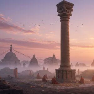 A majestic polished sandstone Ashokan pillar rising 40 feet tall against a mystical sunrise, its lion capital gleaming in golden light. The pillar stands in a serene landscape with ancient Buddhist stupas and archaeological ruins in soft focus background. Intricate Mauryan-era Buddhist symbols and dharma chakras are etched along the pillar's surface, rendered in precise detail. The scene is enhanced with ethereal morning mist, with rays of sunlight creating a divine atmosphere. Small groups of monks in saffron robes are seen performing meditation near the base. The ground is adorned with scattered lotus flowers and traditional Indian patterns in Madhubani style. The color palette combines deep earthy browns of the pillar with soft pastels of the dawn sky - pink, lavender, and gold. The scene is captured in a cinematic wide-angle view, with hyperrealistic details yet maintaining a spiritual, dreamlike quality. Buddhist prayer flags gently wave in the background, adding subtle movement to the scene. The lighting emphasizes the historical grandeur while creating a sense of timeless spirituality.