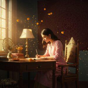 A serene indoor scene with a young Indian woman in a contemporary pastel pink kurta sitting at a beautiful wooden desk with brass accessories, illuminated by warm morning sunlight streaming through an ornate window. The desk features traditional Indian elements like a peacock-shaped pen holder and lotus-patterned brass lamp. Golden particles of light dance around her as she writes with a traditional reed pen on handmade paper. The background wall showcases a large, intricately designed mandala in deep maroon and gold, with subtle swirling patterns reminiscent of Devanagari letterforms. Floating translucent sacred threads and delicate marigold petals create an ethereal atmosphere. The lighting is soft and mystical, with a combination of morning sunlight and warm lamp glow. The color palette includes deep indigos, burnished golds, soft pastels, and rich maroons. The art style merges traditional Madhubani patterns with modern digital art techniques, creating a harmonious blend of classical and contemporary elements. Photorealistic rendering with magical realism touches.