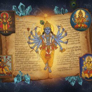 A mystical ancient Indian manuscript floating in ethereal space, its weathered pages illuminated by divine golden light, showing intricate Madhubani-style illustrations of lesser-known Mahabharata scenes. The central focus shows a partially visible cosmic form of Krishna with multiple arms holding various weapons, surrounded by swirling celestial patterns and Sanskrit verses. Around it, four smaller vignettes in Pattachitra style showcase: Arjuna's son Iravan in his final battle, Bhishma lying on the bed of arrows with a golden aura, Abhimanyu breaking the Chakravyuha formation, and Karna's abandoned celestial armor glowing with divine energy. The entire scene is wrapped in a mesmerizing mandala framework with peacock feathers, lotus motifs, and flowing mystical energy streams in deep royal blue, burnished gold, and crimson. Floating crystal shards reflect scenes from the epic, while wisps of sacred smoke carry ancient secrets. The art style combines traditional Indian art with modern digital fantasy aesthetics, creating a surreal, dream-like quality with hyper-detailed textures and ethereal lighting effects.