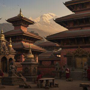 A majestic Nepalese palace complex in Licchavi architectural style set against the backdrop of snow-capped Himalayas during golden hour. The palace features intricate wooden carvings on pagoda-style roofs with multiple tiers, decorated with gold leaf and brass ornaments. In the foreground, detailed stone sculptures of Hindu deities and Buddhist motifs adorned with semi-precious stones. The scene includes traditional artisans in period-accurate Licchavi-era clothing (6th-7th century) working on elaborate stone carvings and metalwork. Rich warm colors dominate - deep crimsons, burnished golds, and royal blues. Ornate copper and bronze doorways with traditional Nepalese metalwork patterns reflect the setting sun. Prayer flags flutter in the wind, connecting various architectural elements. The style combines hyperrealistic architectural details with ethereal lighting and atmospheric effects, creating a dreamy, timeless quality. Traditional Newari wooden windows with intricate lattice work frame the scene, while ceremonial stone lions guard the entrance. Soft glowing light emanates from butter lamps, creating a mystical atmosphere.