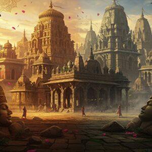 A majestic ancient Indian city in decline, featuring crumbling Licchavi-style architecture with intricate stone carvings and ornate pillars, bathed in golden sunset light. In the foreground, a partially broken stone statue of a Licchavi king wearing elaborate crown and royal attire. The scene shows a dramatic transformation with one half of the image showing the city in its golden age with vibrant colors, bustling streets, and pristine temples, while the other half transitions into muted tones showing weathered structures reclaimed by nature. Buddhist stupas and Hindu temples blend architectural styles characteristic of the Licchavi period. Floating lotus petals and glowing mandalas frame the scene, while mystical blue-gold light illuminates the architectural details. The artwork combines Pattachitra's intricate detailing with modern digital art techniques, featuring rich colors like deep maroon, royal blue, and burnished gold. Ethereal mist swirls around the structures, creating a dreamlike atmosphere. Multiple layers of architectural elements recede into the distance, showing the vast scale of the kingdom.
