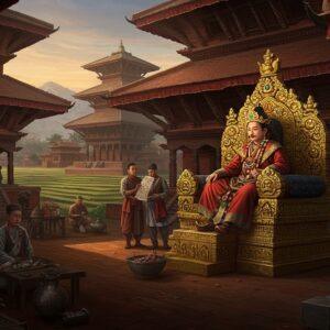 A majestic ancient Nepalese royal courtyard scene set in Kathmandu Valley, featuring a regal Licchavi king seated on an intricately carved golden throne adorned with Buddhist and Hindu motifs. He wears elaborate royal attire with gold embellishments and a distinctive crown featuring the dynasty's symbols. The architectural backdrop showcases the characteristic pagoda-style temples with multi-tiered roofs in rich crimson and gold, detailed with carved wooden struts and traditional Newari windows. Court officials in period-accurate clothing stand nearby, holding ancient scrolls and administrative seals. The scene is illuminated by warm, golden light filtering through ornate latticed windows, creating dramatic shadows. In the foreground, skilled artisans work on metal crafts and stone sculptures, representing the dynasty's artistic legacy. The distant background reveals terraced rice fields and the snow-capped Himalayas. The art style combines traditional Paubha painting techniques with modern digital art, featuring rich jewel tones of deep red, royal blue, and burnished gold, with intricate patterns and cultural motifs. The lighting is dramatic and ethereal, creating a mystical atmosphere that bridges ancient glory with contemporary aesthetics.