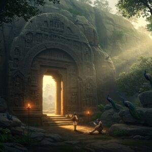 A majestic ancient cave entrance carved into a weathered granite hill, featuring the distinctive horseshoe-shaped Chaitya arch of Lomas Rishi cave illuminated by golden morning sunlight. The intricate wooden architecture-inspired carvings on the doorway are highly detailed, showing precise geometric patterns. In the foreground, two Indian archaeologists in modern field gear (khaki clothing) study ancient manuscripts while using contemporary tablets. The scene is surrounded by lush Bihar vegetation with the Barabar hills extending into the misty distance. Small oil lamps cast a warm glow near the entrance, creating mysterious shadows. Ethereal streams of light filter through the trees, highlighting the polished stone surface. The art style combines hyperrealistic architectural details with Madhubani-inspired decorative elements in the borders, using a color palette of deep earth tones, granite greys, and warm golds. Several peacocks perch naturally on the rocks nearby, adding authentic Indian wildlife elements. The atmosphere conveys both historical grandeur and archaeological discovery.